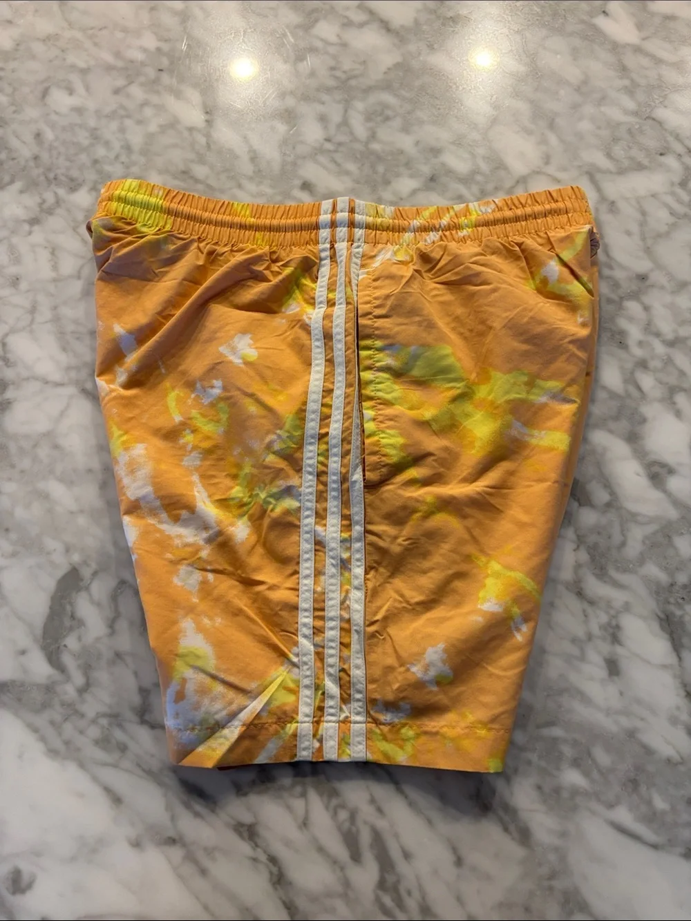 adidas Men's Orange Tie-Dye Swim Trunks with White 3-Stripes